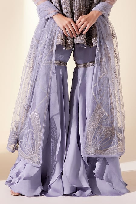 Adaara Couture Purple Net, Silk Organza Cut Work, Beads, Sequins, Peplum Kurta Sharara Set Online at Aza Fashions Adaara Couture_Purple Net, Silk Organza Cut Work, Beads, Sequins, Peplum Kurta Sharara Set _Online_at_Aza_Fashions