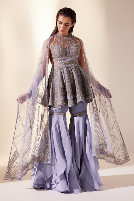 Buy Adaara Couture Purple Net, Silk Organza Cut Work, Beads, Sequins, Peplum Kurta Sharara Set Online at Aza Fashions Buy_Adaara Couture_Purple Net, Silk Organza Cut Work, Beads, Sequins, Peplum Kurta Sharara Set _Online_at_Aza_Fashions