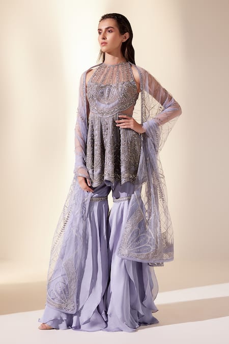 Shop Adaara Couture Purple Net, Silk Organza Cut Work, Beads, Sequins, Peplum Kurta Sharara Set Online at Aza Fashions Shop_Adaara Couture_Purple Net, Silk Organza Cut Work, Beads, Sequins, Peplum Kurta Sharara Set _Online_at_Aza_Fashions