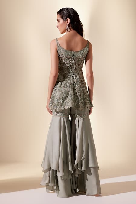 Shop Adaara Couture Green Net, Silk Organza Cut Work, Sequins, Beads, Enchanted Kurta Sharara Set at Aza Fashions Shop_Adaara Couture_Green Net, Silk Organza Cut Work, Sequins, Beads, Enchanted Kurta Sharara Set _at_Aza_Fashions