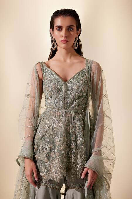Buy Adaara Couture Green Net, Silk Organza Cut Work, Sequins, Beads, Enchanted Kurta Sharara Set Online at Aza Fashions Buy_Adaara Couture_Green Net, Silk Organza Cut Work, Sequins, Beads, Enchanted Kurta Sharara Set _Online_at_Aza_Fashions