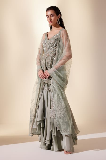 Shop Adaara Couture Green Net, Silk Organza Cut Work, Sequins, Beads, Enchanted Kurta Sharara Set Online at Aza Fashions Shop_Adaara Couture_Green Net, Silk Organza Cut Work, Sequins, Beads, Enchanted Kurta Sharara Set _Online_at_Aza_Fashions