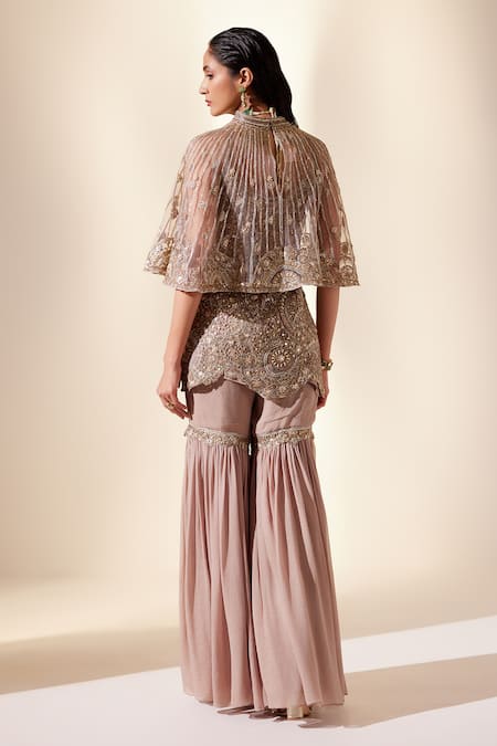 Shop Adaara Couture Gold Net, Georgette Cut Astral Cutdana And Pearl Embroidered Cape Sharara Set at Aza Fashions Shop_Adaara Couture_Gold Net, Georgette Cut Astral Cutdana And Pearl Embroidered Cape Sharara Set _at_Aza_Fashions