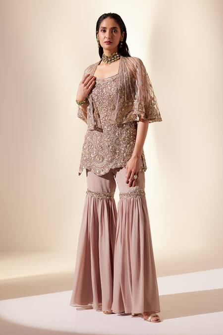 Adaara Couture Gold Net, Georgette Cut Astral Cutdana And Pearl Embroidered Cape Sharara Set Online at Aza Fashions Adaara Couture_Gold Net, Georgette Cut Astral Cutdana And Pearl Embroidered Cape Sharara Set _Online_at_Aza_Fashions