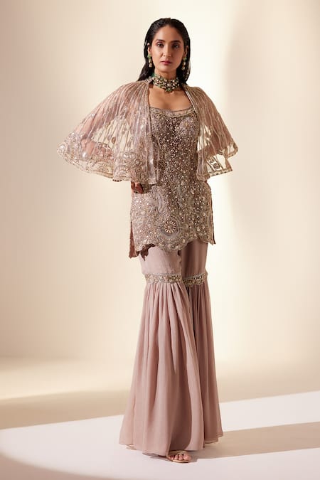 Buy Adaara Couture Gold Net, Georgette Cut Astral Cutdana And Pearl Embroidered Cape Sharara Set Online at Aza Fashions Buy_Adaara Couture_Gold Net, Georgette Cut Astral Cutdana And Pearl Embroidered Cape Sharara Set _Online_at_Aza_Fashions