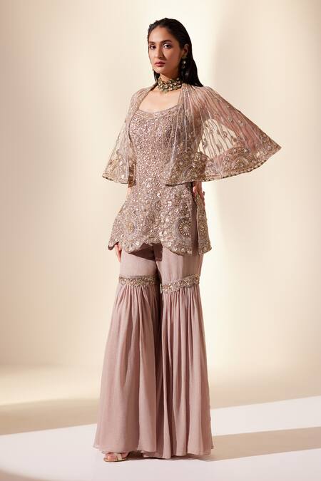 Shop Adaara Couture Gold Net, Georgette Cut Astral Cutdana And Pearl Embroidered Cape Sharara Set Online at Aza Fashions Shop_Adaara Couture_Gold Net, Georgette Cut Astral Cutdana And Pearl Embroidered Cape Sharara Set _Online_at_Aza_Fashions