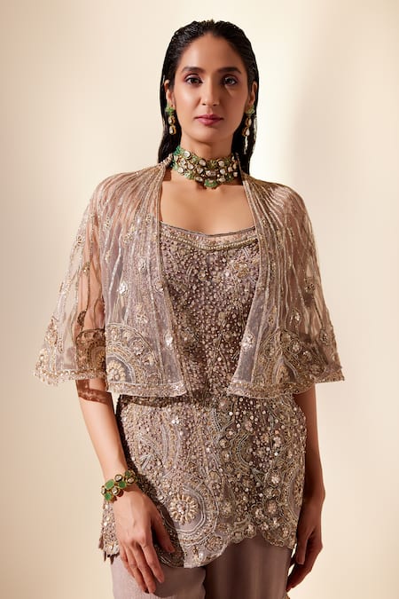 Adaara Couture Gold Net, Georgette Cut Astral Cutdana And Pearl Embroidered Cape Sharara Set at Aza Fashions Adaara Couture_Gold Net, Georgette Cut Astral Cutdana And Pearl Embroidered Cape Sharara Set _at_Aza_Fashions