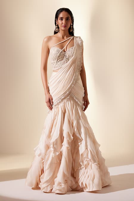 Adaara Couture_Ivory Silk Organza, Net Ruffled Embroidered Pre-draped Saree With Blouse _Online_at_Aza_Fashions