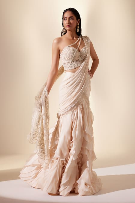 Buy_Adaara Couture_Ivory Silk Organza, Net Ruffled Embroidered Pre-draped Saree With Blouse _Online_at_Aza_Fashions