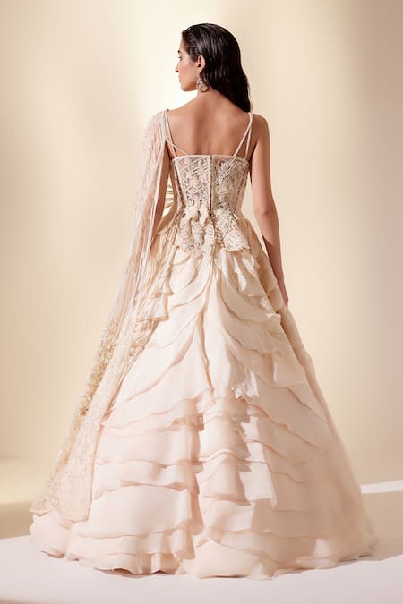Shop_Adaara Couture_Ivory Silk , Net, Cut Work, Beads, Lunar Gleam Lehenga Set _at_Aza_Fashions