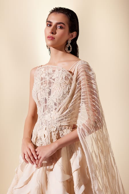 Adaara Couture_Ivory Silk , Net, Cut Work, Beads, Lunar Gleam Lehenga Set _Online_at_Aza_Fashions