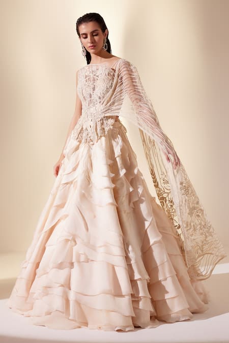 Shop_Adaara Couture_Ivory Silk , Net, Cut Work, Beads, Lunar Gleam Lehenga Set _Online_at_Aza_Fashions