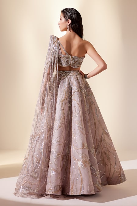 Shop Adaara Couture Grey Silk, Organza, Net Sequins Sweetheart Neck Flared Embroidered Lehenga Set at Aza Fashions Shop_Adaara Couture_Grey Silk, Organza, Net Sequins Sweetheart Neck Flared Embroidered Lehenga Set _at_Aza_Fashions