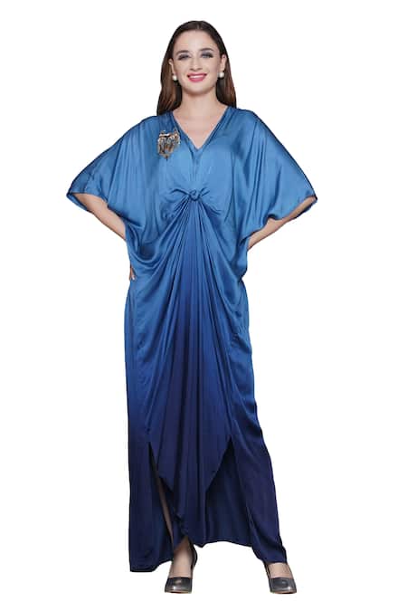 Buy_Angry Owl_Blue Modal, Satin Sequins, Beads V-neck Embellished Owl Patchwork Ombre Kaftan _Online_at_Aza_Fashions