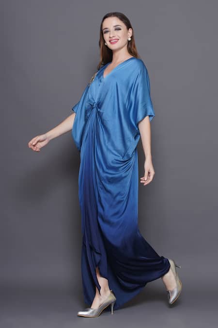 Angry Owl_Blue Modal, Satin Sequins, Beads V-neck Embellished Owl Patchwork Ombre Kaftan _at_Aza_Fashions