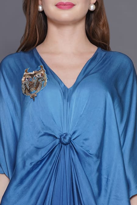 Buy_Angry Owl_Blue Modal, Satin Sequins, Beads V-neck Embellished Owl Patchwork Ombre Kaftan 