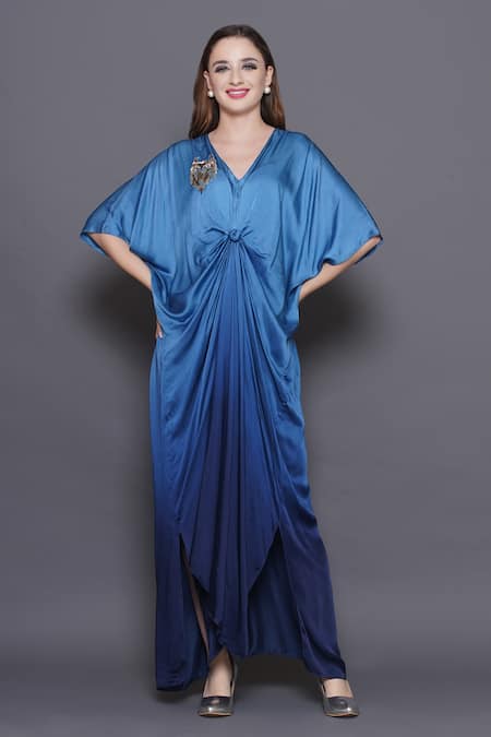 Shop_Angry Owl_Blue Modal, Satin Sequins, Beads V-neck Embellished Owl Patchwork Ombre Kaftan 