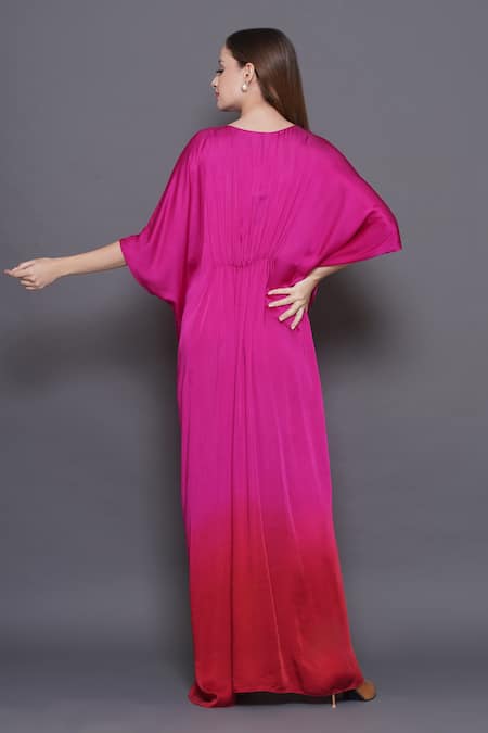 Angry Owl_Pink Modal, Satin Sequins, Beads V-neck Owl Patchwork Ombre Kaftan _Online_at_Aza_Fashions