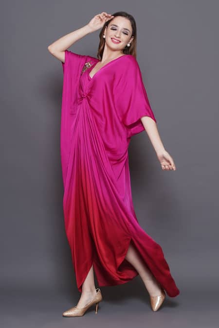 Shop_Angry Owl_Pink Modal, Satin Sequins, Beads V-neck Owl Patchwork Ombre Kaftan _Online_at_Aza_Fashions