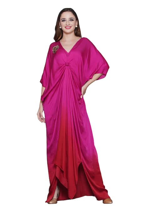Angry Owl_Pink Modal, Satin Sequins, Beads V-neck Owl Patchwork Ombre Kaftan _at_Aza_Fashions