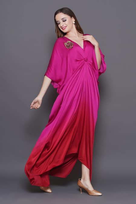 Buy_Angry Owl_Pink Modal, Satin Sequins, Beads V-neck Owl Patchwork Ombre Kaftan 