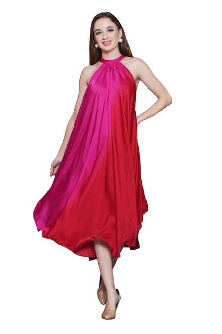 Buy_Angry Owl_Pink Modal, Satin Sequins, Beads Halter Neck Owl Patchwork Ombre Dress _Online_at_Aza_Fashions