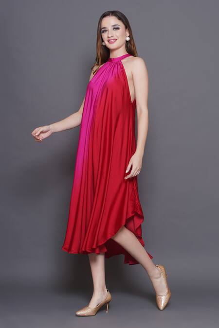 Shop_Angry Owl_Pink Modal, Satin Sequins, Beads Halter Neck Owl Patchwork Ombre Dress _Online_at_Aza_Fashions