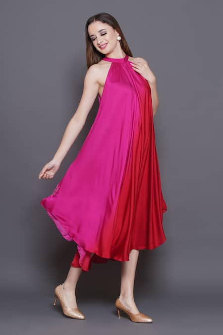 Buy_Angry Owl_Pink Modal, Satin Sequins, Beads Halter Neck Owl Patchwork Ombre Dress 