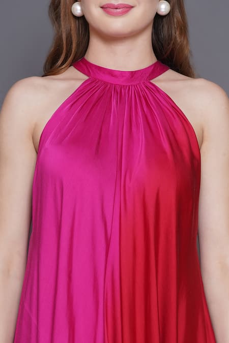 Shop_Angry Owl_Pink Modal, Satin Sequins, Beads Halter Neck Owl Patchwork Ombre Dress 