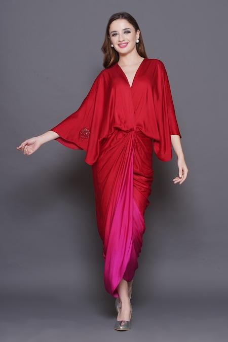 Angry Owl Red Modal, Satin Sequins, Beads V-neck Owl Patchwork Draped Ombre Dress 
