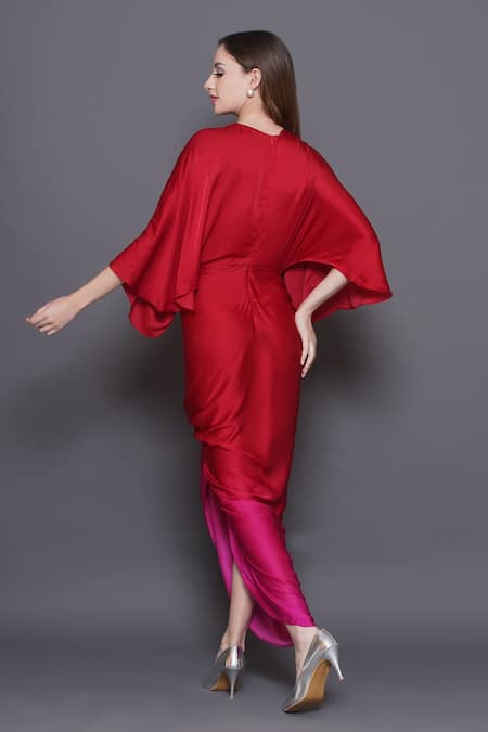 Angry Owl_Red Modal, Satin Sequins, Beads V-neck Owl Patchwork Draped Ombre Dress _Online_at_Aza_Fashions