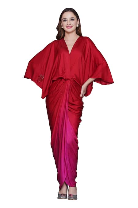 Buy_Angry Owl_Red Modal, Satin Sequins, Beads V-neck Owl Patchwork Draped Ombre Dress _Online_at_Aza_Fashions
