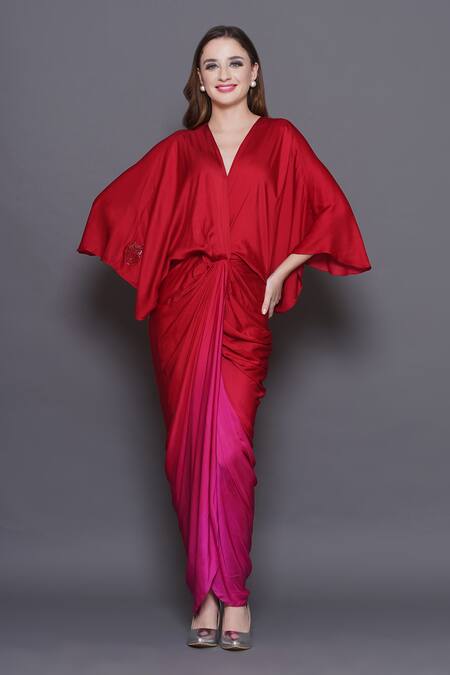 Shop_Angry Owl_Red Modal, Satin Sequins, Beads V-neck Owl Patchwork Draped Ombre Dress _Online_at_Aza_Fashions