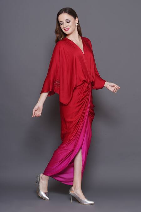 Angry Owl_Red Modal, Satin Sequins, Beads V-neck Owl Patchwork Draped Ombre Dress _at_Aza_Fashions