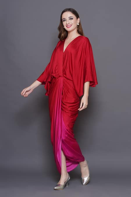 Buy_Angry Owl_Red Modal, Satin Sequins, Beads V-neck Owl Patchwork Draped Ombre Dress 