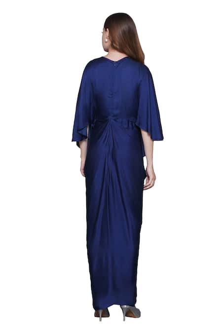 Angry Owl_Red Modal, Satin Sequins, Beads V-neck Owl Patchwork Draped Dress _Online_at_Aza_Fashions