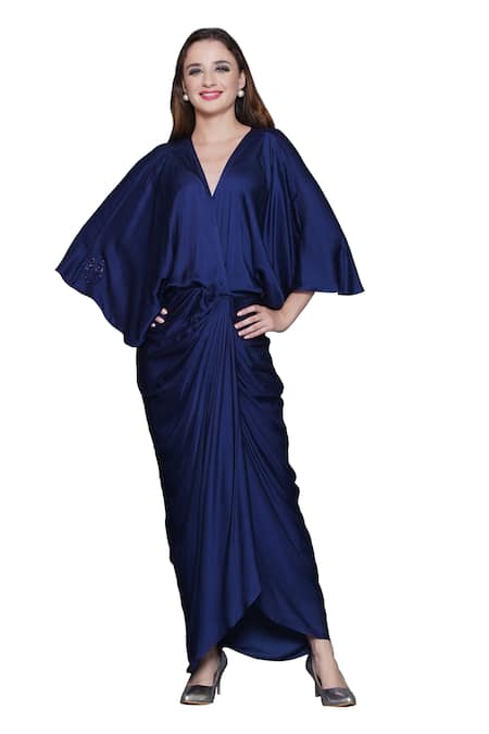 Buy_Angry Owl_Red Modal, Satin Sequins, Beads V-neck Owl Patchwork Draped Dress _Online_at_Aza_Fashions