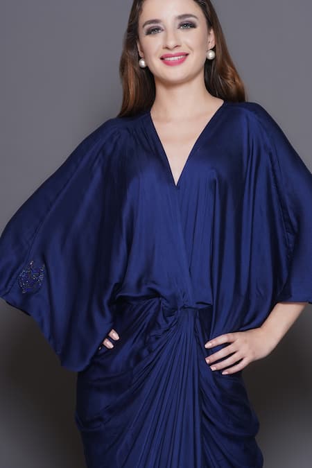 Shop_Angry Owl_Red Modal, Satin Sequins, Beads V-neck Owl Patchwork Draped Dress _Online_at_Aza_Fashions