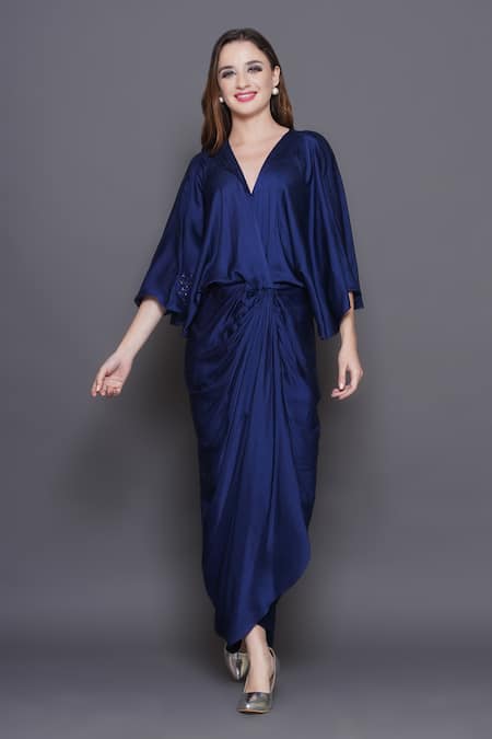 Angry Owl_Red Modal, Satin Sequins, Beads V-neck Owl Patchwork Draped Dress _at_Aza_Fashions