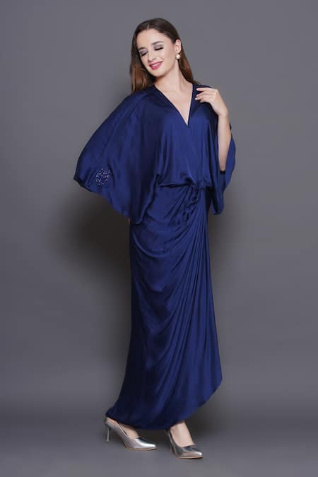 Buy_Angry Owl_Red Modal, Satin Sequins, Beads V-neck Owl Patchwork Draped Dress 