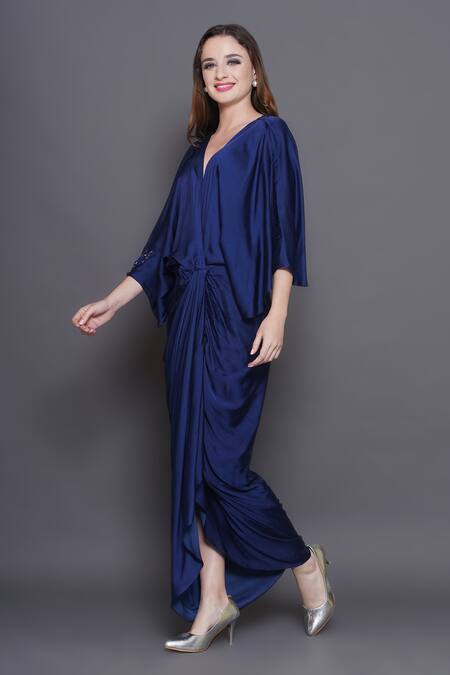 Shop_Angry Owl_Red Modal, Satin Sequins, Beads V-neck Owl Patchwork Draped Dress 