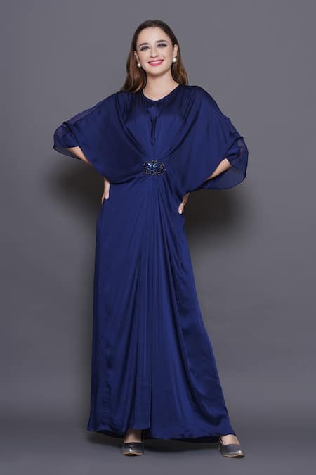 Angry Owl Blue Modal Satin Patchwork Sequin Round Neck Embellished Draped Kaftan 