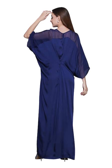 Angry Owl_Blue Modal, Satin, Organza Sequins, Beads Embellished Patchwork Draped Kaftan _Online_at_Aza_Fashions