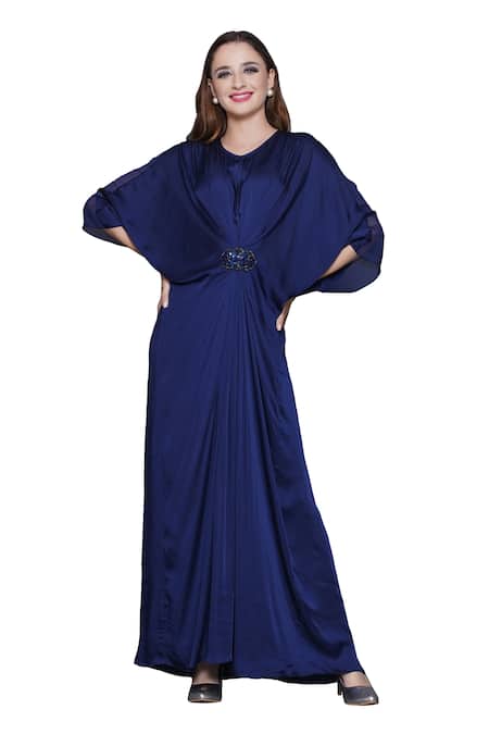 Buy_Angry Owl_Blue Modal, Satin, Organza Sequins, Beads Embellished Patchwork Draped Kaftan _Online_at_Aza_Fashions