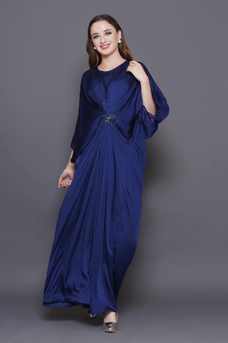 Angry Owl_Blue Modal, Satin, Organza Sequins, Beads Embellished Patchwork Draped Kaftan _at_Aza_Fashions