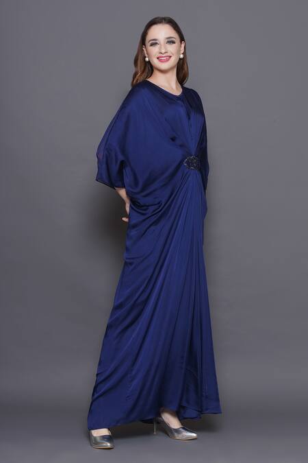 Buy_Angry Owl_Blue Modal, Satin, Organza Sequins, Beads Embellished Patchwork Draped Kaftan 