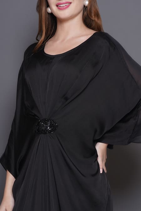 Angry Owl_Black Modal, Satin, Organza Sequins, Beads Embellished Patchwork Draped Kaftan _Online_at_Aza_Fashions