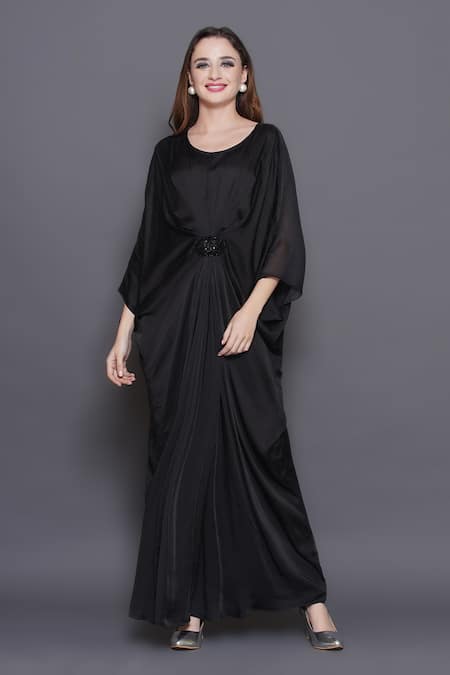 Buy_Angry Owl_Black Modal, Satin, Organza Sequins, Beads Embellished Patchwork Draped Kaftan _Online_at_Aza_Fashions
