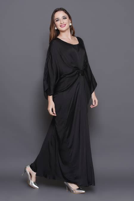 Shop_Angry Owl_Black Modal, Satin, Organza Sequins, Beads Embellished Patchwork Draped Kaftan _Online_at_Aza_Fashions