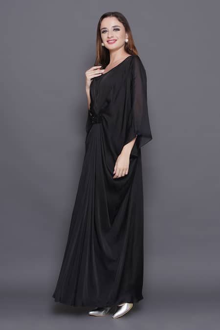Angry Owl_Black Modal, Satin, Organza Sequins, Beads Embellished Patchwork Draped Kaftan _at_Aza_Fashions